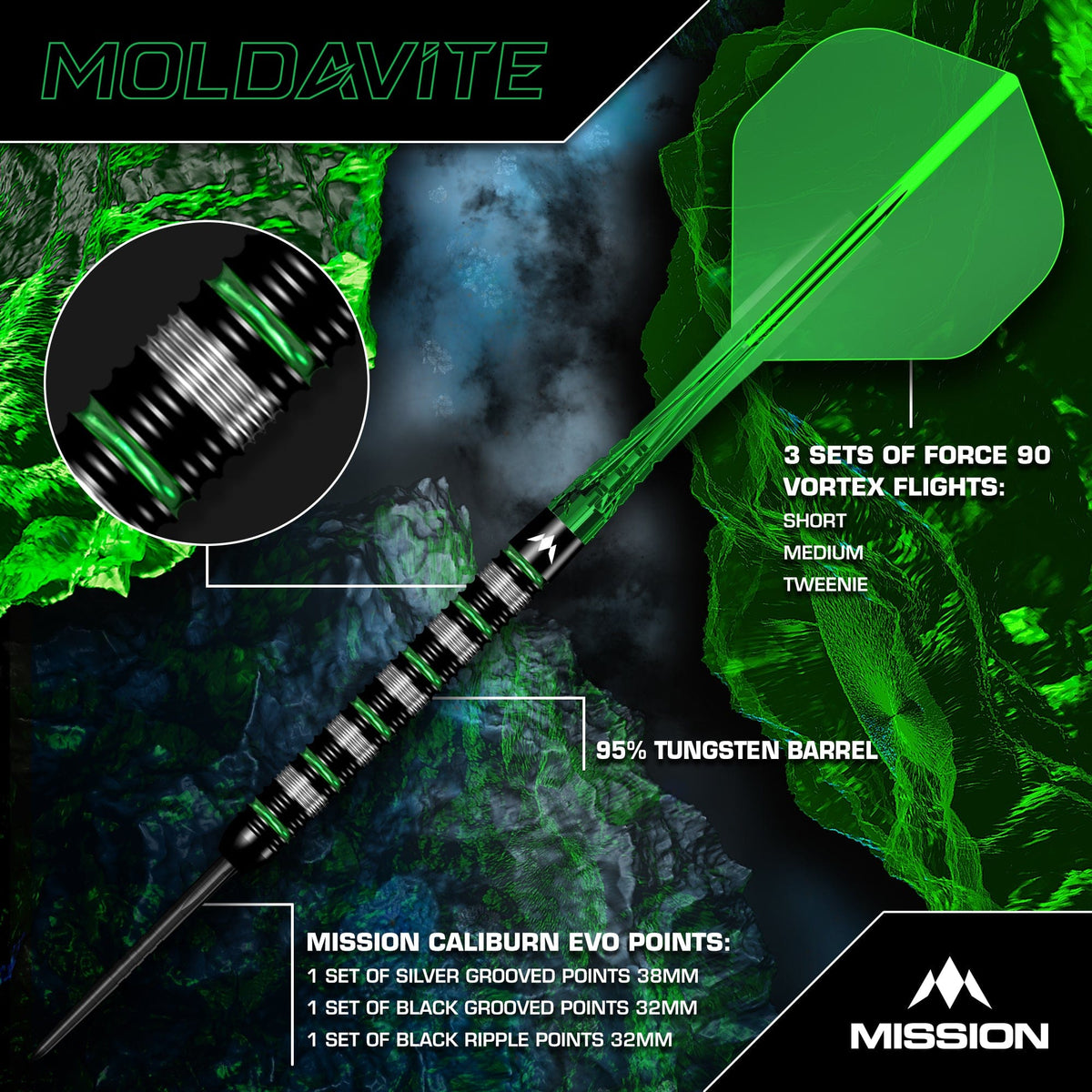 Mission Moldavite 95% Tungsten Steel Tip Darts - Black & Green - view 2
