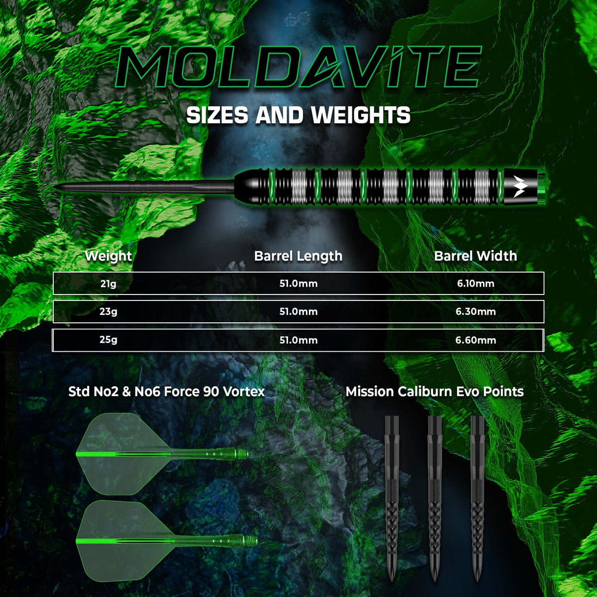 Mission Moldavite 95% Tungsten Steel Tip Darts - Black & Green - view 4