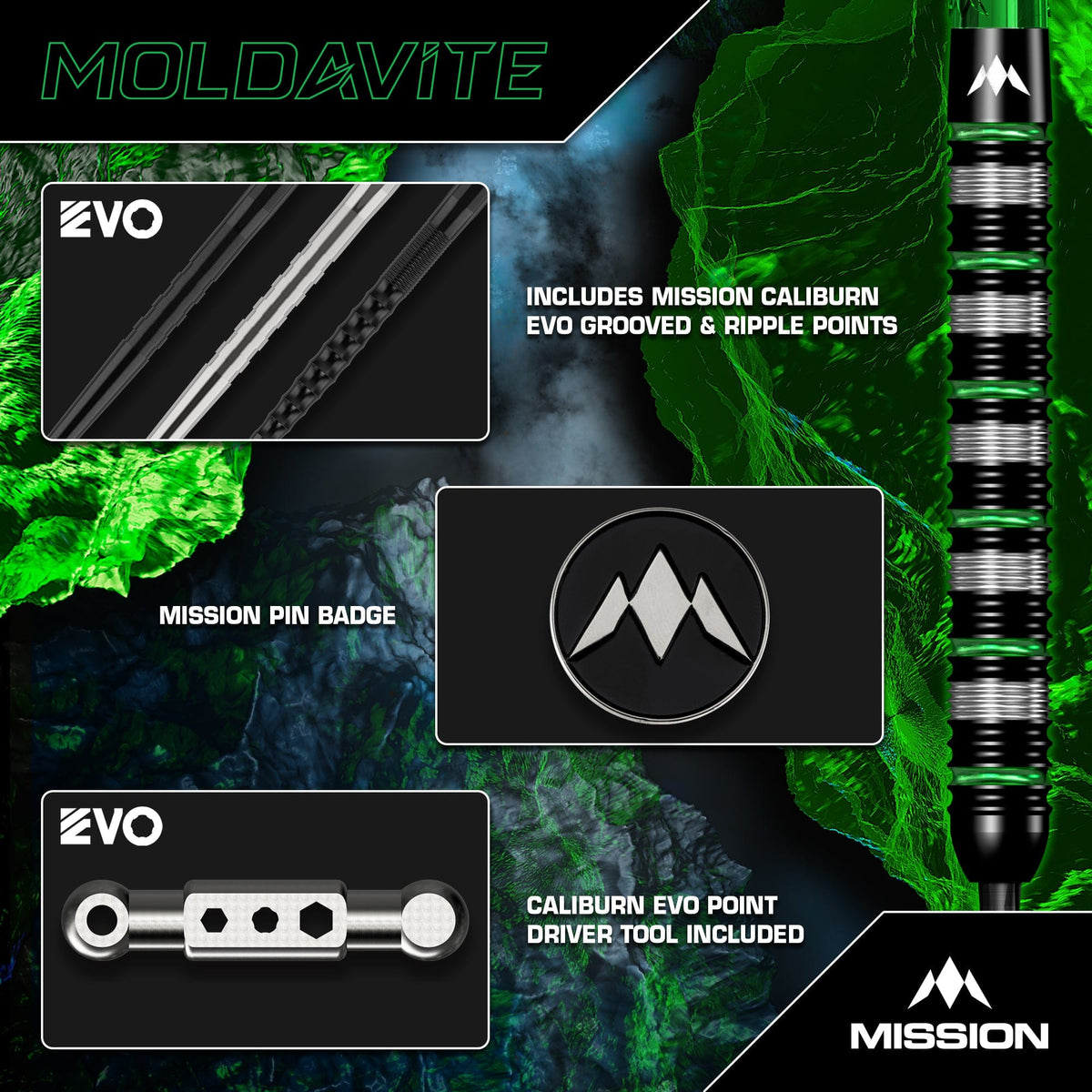 Mission Moldavite 95% Tungsten Steel Tip Darts - Black & Green - view 5