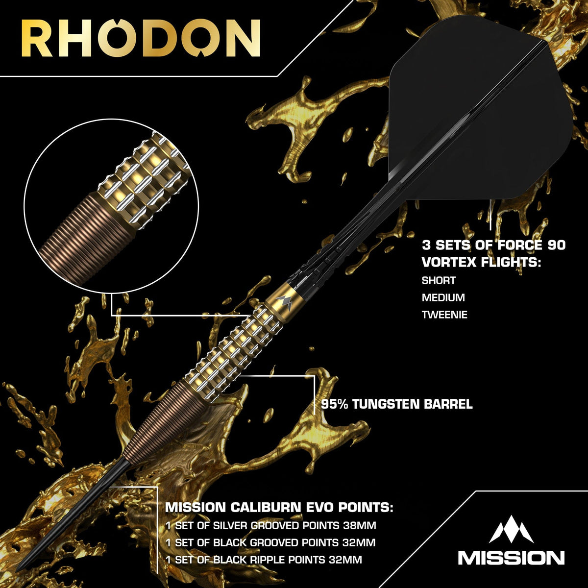 Mission Rhodon 95% Tungsten Steel Tip Darts - Bronze & Gold PVD - view 2