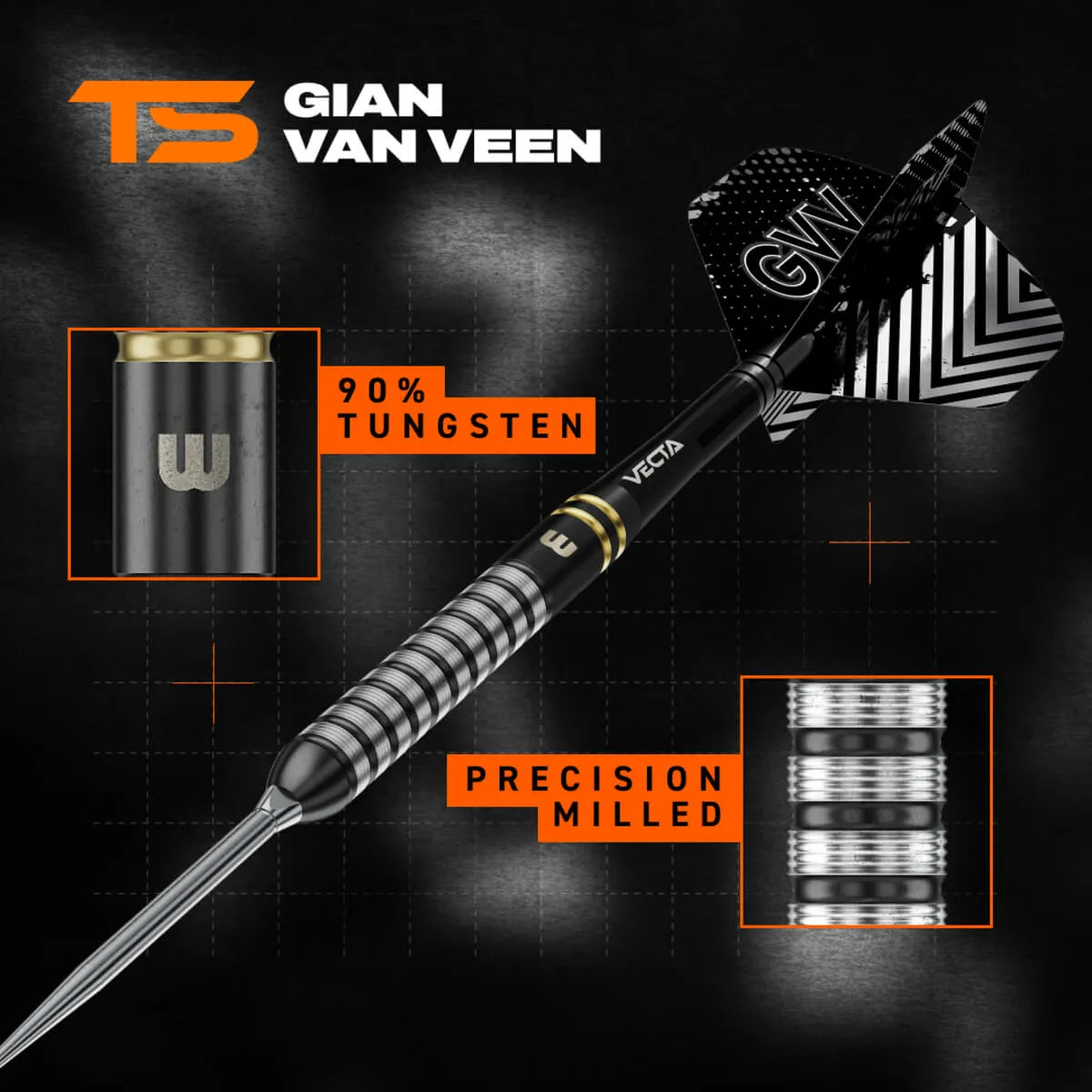 Winmau Gian van Veen TS SP 90% Tungsten Steel Tip Darts - view 3